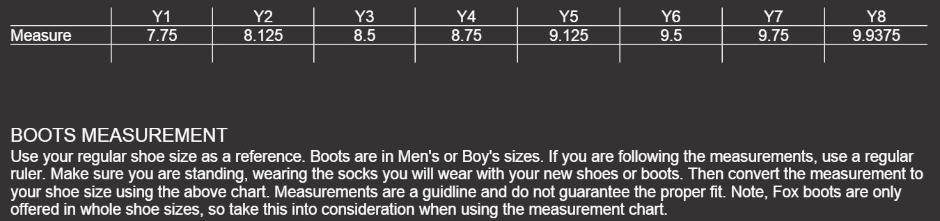 fox jersey size chart